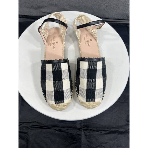 Kate Spade Bonnie Espadrilles Flats Ankle Strap Black White Check Women Size 9 - Picture 9 of 15